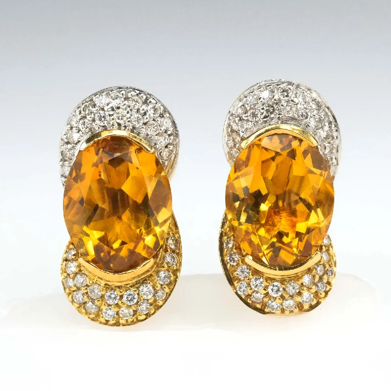 Ladies earrings with braid charms -Citrine & Diamond Stud Omega Clip On Earrings in Two Tone Gold