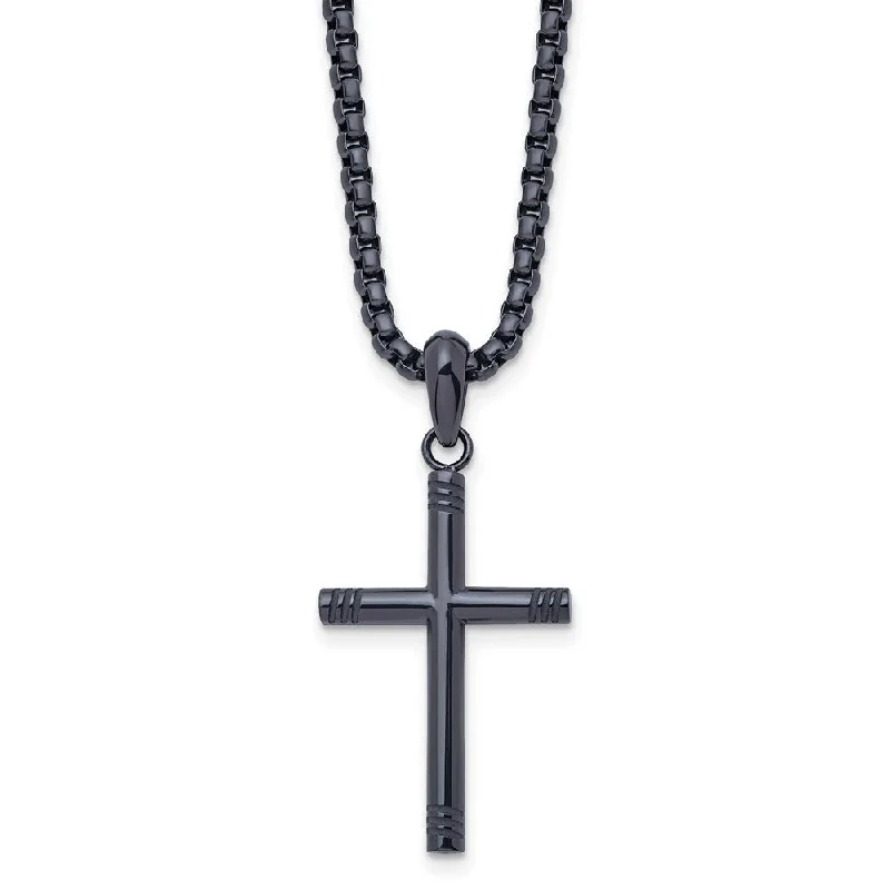 ladies-gemstone-y-drop-necklaces-Dark Gray Plated Stainless Steel 3mm Tube Cross Necklace, 24 Inch