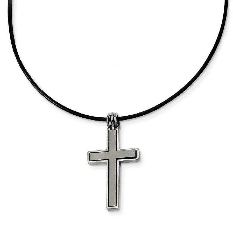 ladies-everyday-multi-strand-necklaces-Titanium 2 Piece Cross and Black Leather Cord Necklace 18 Inch