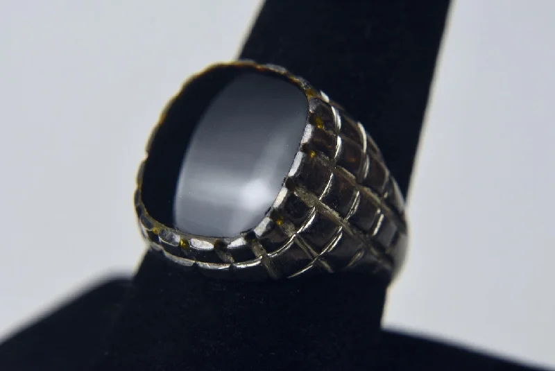 Ladies rings for cocktail charm -Black Onyx and Yellow Stone Sterling Silver Ring - Size 9.25