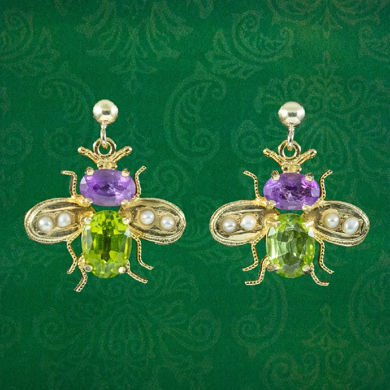 Ladies earrings artsy elegance -Edwardian Suffragette Style Insect Bee Earrings Amethyst Peridot Pearls