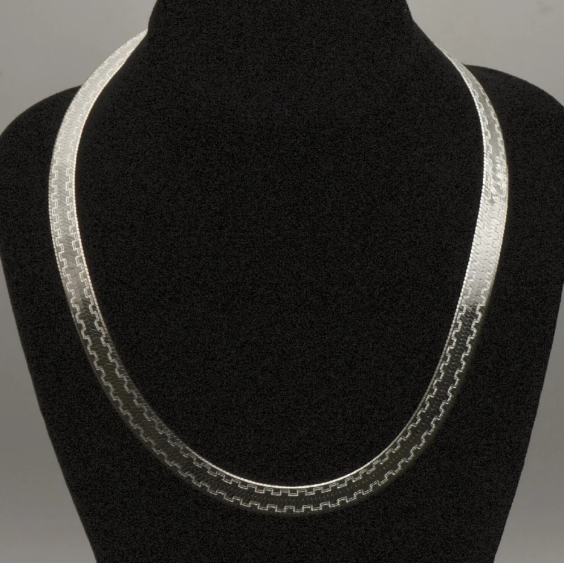 Ladies rings with initial designs -Milor - Vintage Sterling Silver Wide Herringbone Link Engraved Design Chain Necklace - 20"