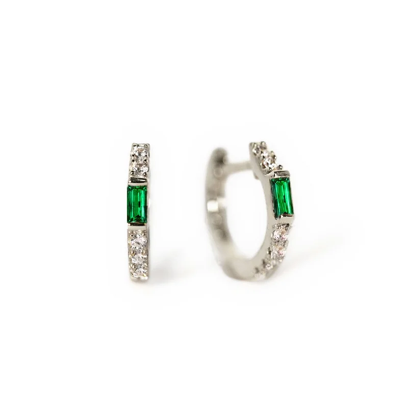 Ladies earrings quirky elegance -Gemstone Baguette Huggie Earrings Emerald