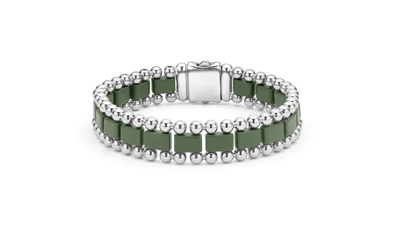 ladies-rigid-link-diamond-bracelets-Anthem Caviar Link Bracelet in Sterling Silver and Matte Forest Green Ceramic, Size 8