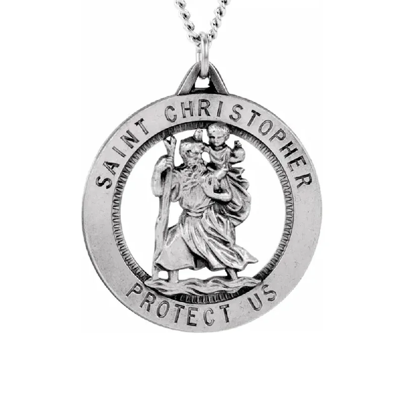 ladies-moon-figaro-chain-necklaces-Sterling Silver 25mm St. Christopher Medal Necklace, 24 Inch