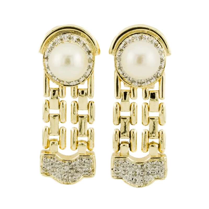 Ladies earrings for promise vibes -8mm Pearl w/ Diamond Accents Omega Drop Earrings in 14K Yellow Gold