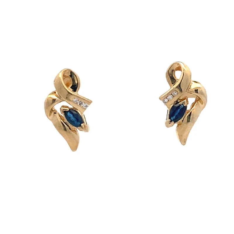 Ladies earrings with coral emerald -Estate Ribbon Styyle Sapphire and Diamond Stud Earrings in Yellow Gold