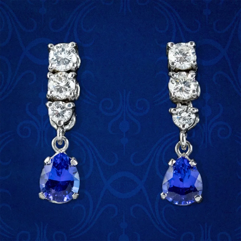 Ladies earrings warm blush gold -Art Deco Style Tanzanite Diamond Drop Earrings 18ct Gold 1.20ct Of Tanzanite