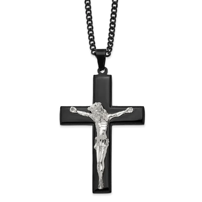 ladies-everyday-bar-pendant-necklaces-Stainless Steel Polished & Black Plated LG Crucifix Necklace, 24 Inch