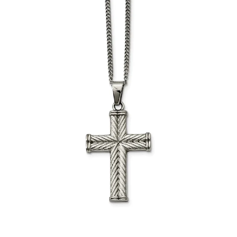 ladies-rose-gold-curb-chain-necklaces-Stainless Steel Textured Wheat Design Cross Necklace - 22 Inch