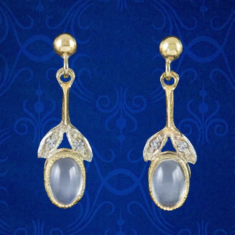 Ladies earrings thick elegance -Edwardian Style Moonstone CZ Drop Earrings 18Ct Gold Silver