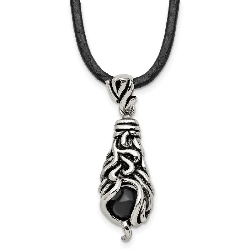 ladies-gemstone-y-drop-necklaces-Stainless Steel, Moveable Black Agate & Leather Cord Necklace, 20 Inch