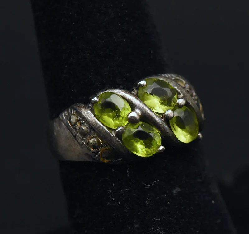 Ladies rings with ruby glow -Vintage Sterling Silver Imitation Peridot and Marcasite Ring - Size 6.5