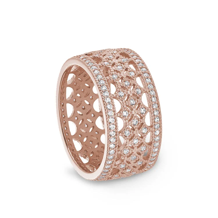 Ladies rings for daily wear -Rose Gold Finish Sterling Silver Micropave Fancy Ring with Simulated Diamonds