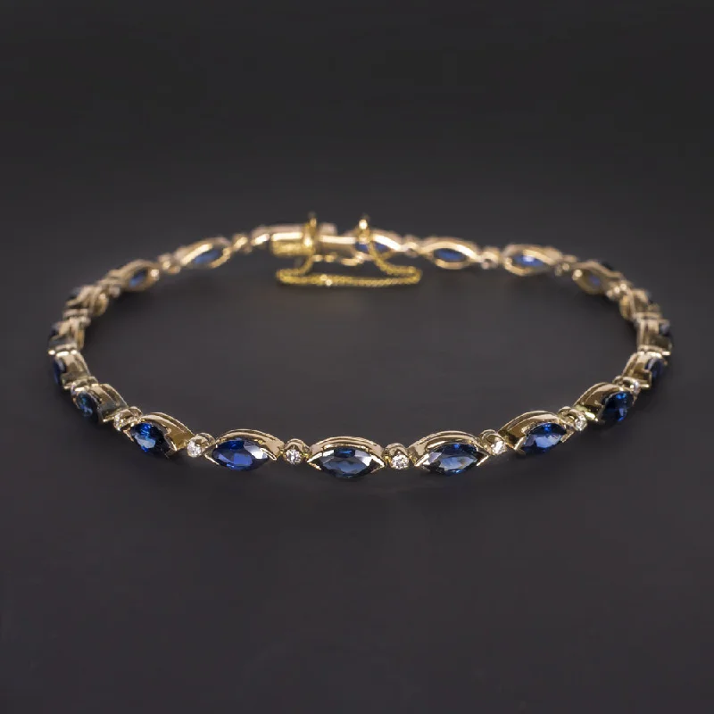 ladies-cross-wraparound-bracelets-SAPPHIRE DIAMOND TENNIS BRACELET 7.25ct NATURAL BLUE MARQUISE 14k YELLOW GOLD