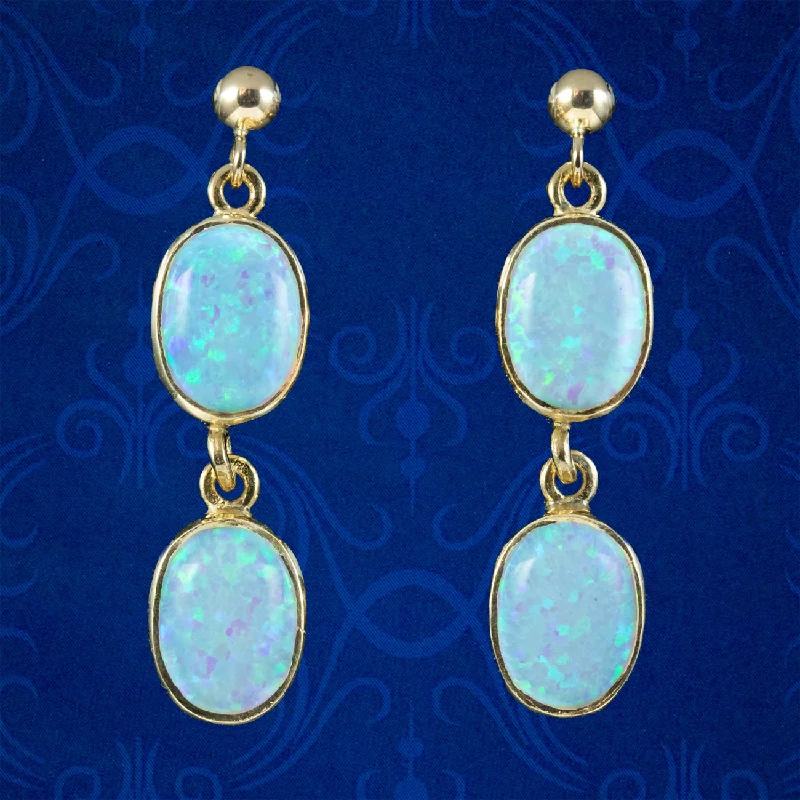 Ladies earrings for grad elegance -Victorian Style Opal Double Drop Stud Earrings 9ct Gold