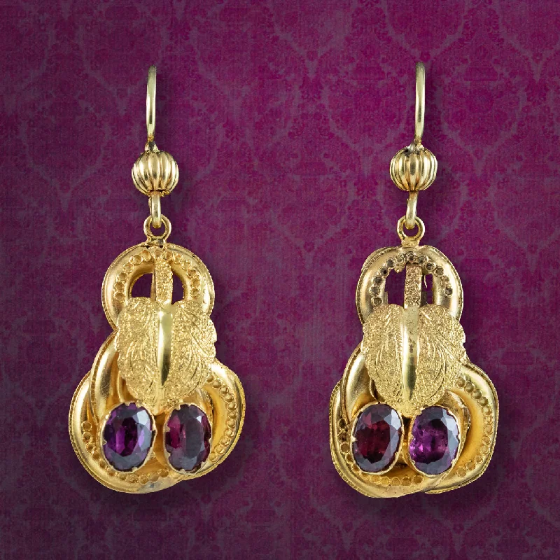 Ladies earrings with misty sapphire -Antique Victorian Etruscan Garnet Drop Earrings 15ct Gold