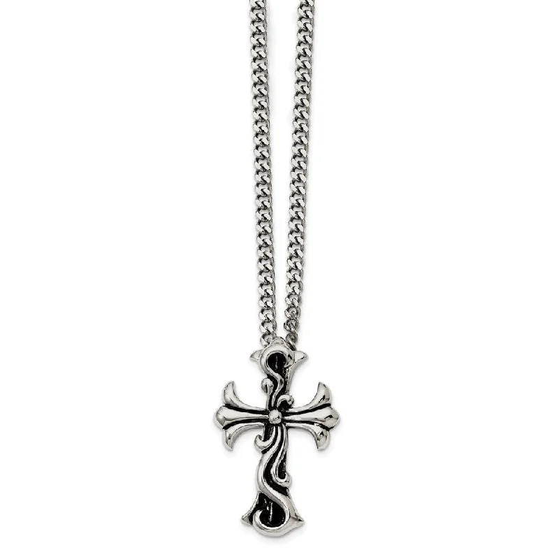 ladies-bohemian-heart-locket-necklaces-Antiqued Stainless Steel Medieval Cross Necklace - 22 Inch