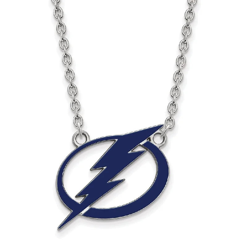 ladies-bar-pendant-pearl-necklaces-Sterling Silver NHL Lightning Large Enamel Necklace, 18 Inch