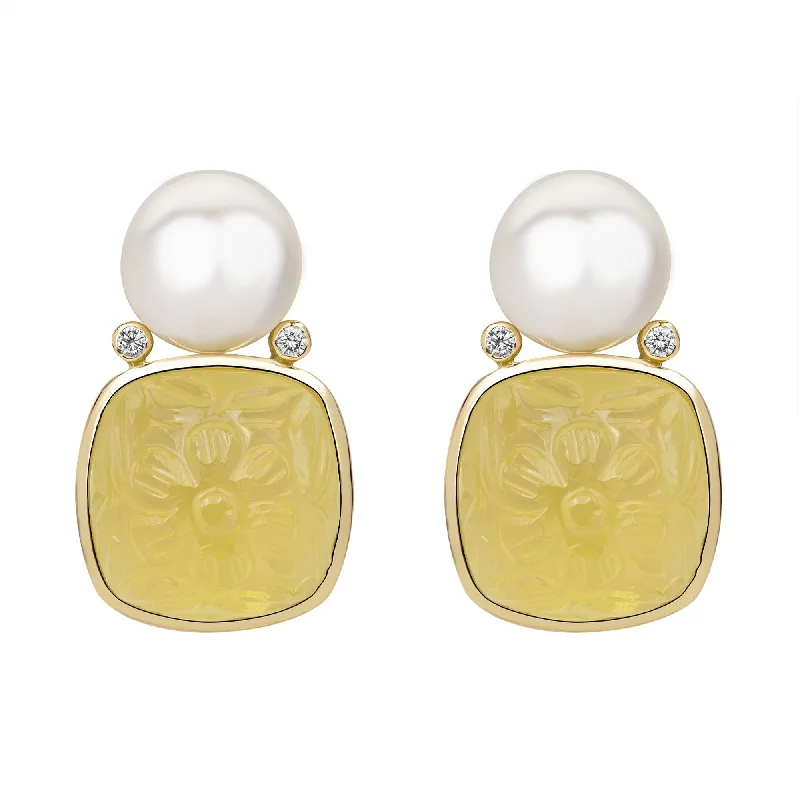 Ladies earrings for show vibes -Earrings - South Sea Pearl, Lemon Quartz And Diamond