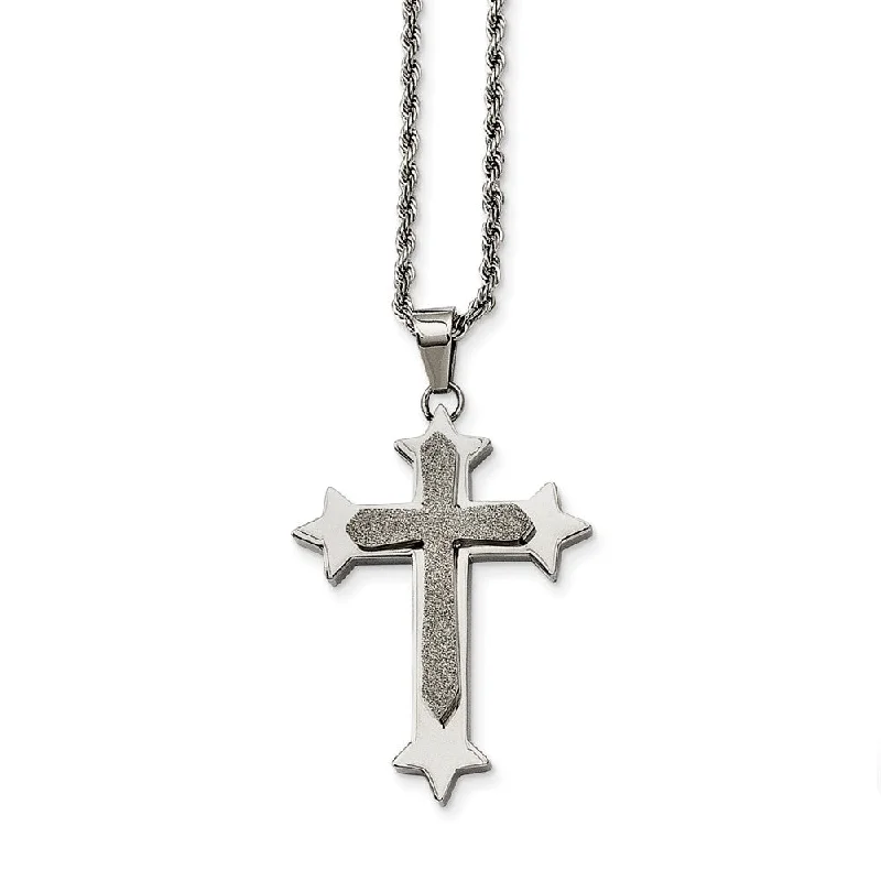 ladies-figaro-chain-silver-necklaces-Stainless Steel Polished and Laser Cut Star Cross Necklace - 24 Inch