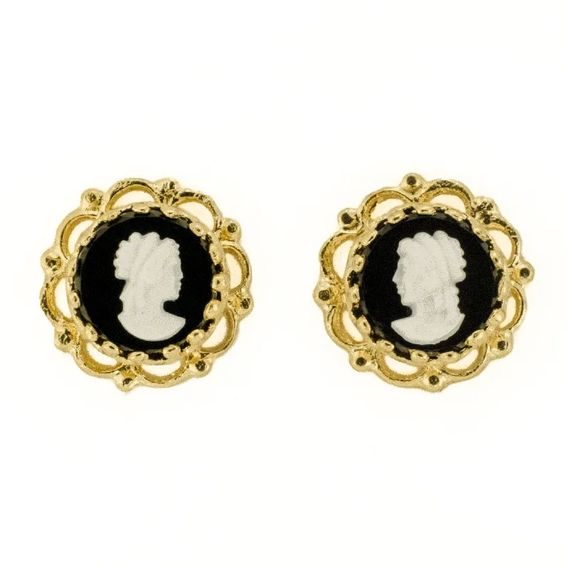 Ladies earrings chic elegance -Black and White Cameo Earrings in 10K Yellow Gold