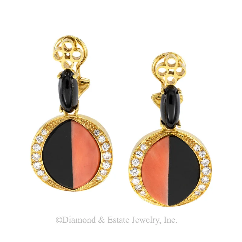 Ladies earrings 24k white gold -Coral Diamond Black Onyx Clip On Yellow Gold Drop Earrings