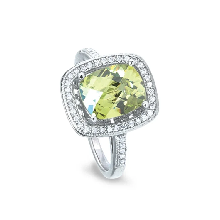 Ladies rings for reader vibes -Platinum Finish Sterling Silver Micropave Ring with Simulated Peridot and Simulated Diamonds