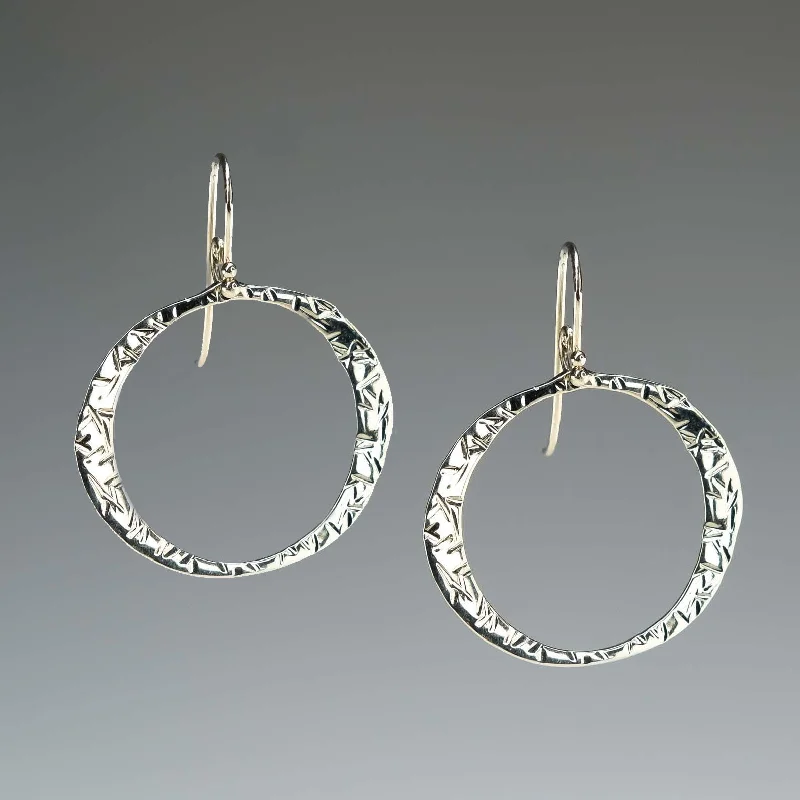 Ladies earrings with nebula drops -Crosshatch Texture Open Circle Drop Earrings in 14K White Gold