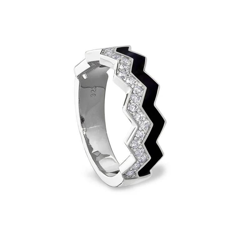 Ladies rings with heirloom stones -Platinum Finish Sterling Silver Micropave Ring with with Black Enamel and Simulated Diamondss