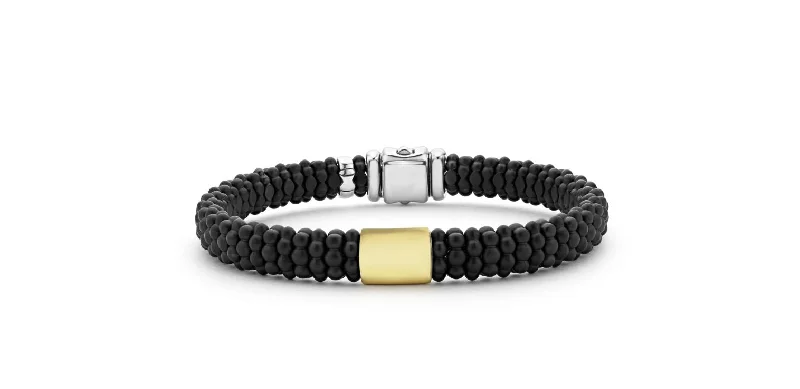 ladies-sterling-silver-rigid-link-bracelets-Black Caviar Gold Station Rope Bracelet in 18K Yellow Gold, Sterling Silver and Matte Black Ceramic, Size 8