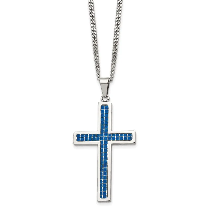 ladies-vintage-rose-gold-necklaces-Stainless Steel & Blue Carbon Fiber Large Cross Necklace, 22 Inch