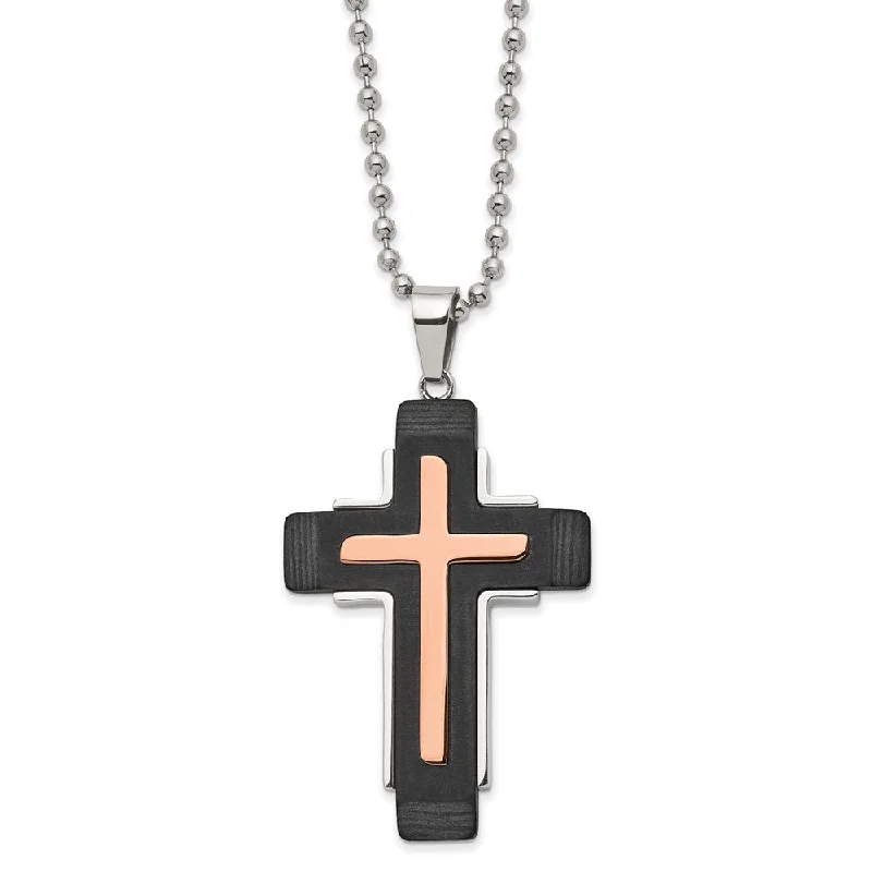 ladies-silver-crystal-necklaces-Stainless Steel Rose Plated & Black Carbon Fiber Cross Necklace, 22 In