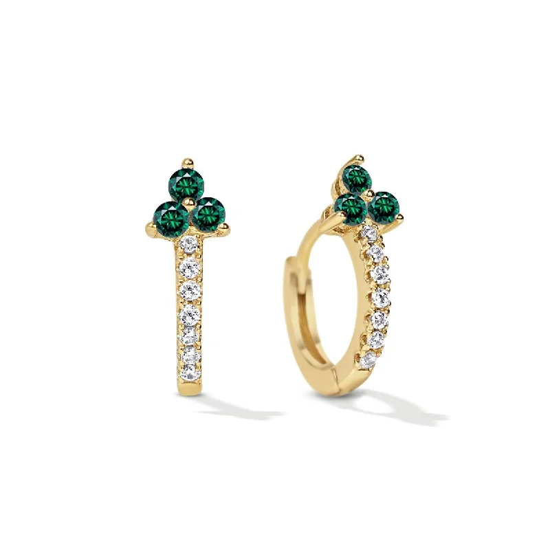 Ladies earrings thick elegance -Clover Gemstone Huggie Earrings Emerald