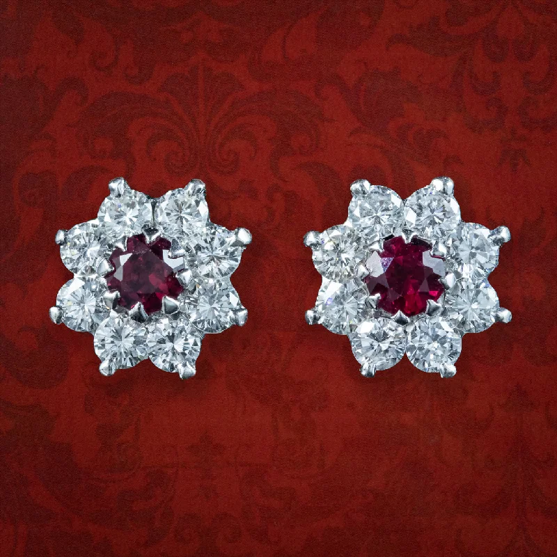 Ladies earrings city flair -Edwardian Style Ruby Diamond Flower Stud Earrings 18ct Gold