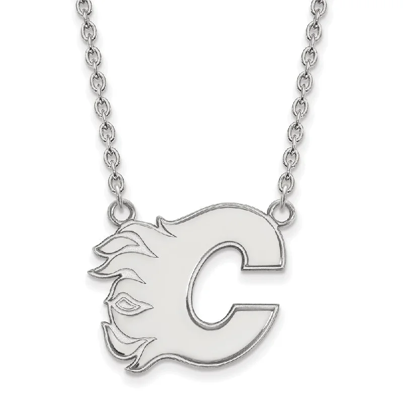 ladies-fashion-bar-pendant-necklaces-14k White Gold NHL Calgary Flames Large Necklace, 18 Inch