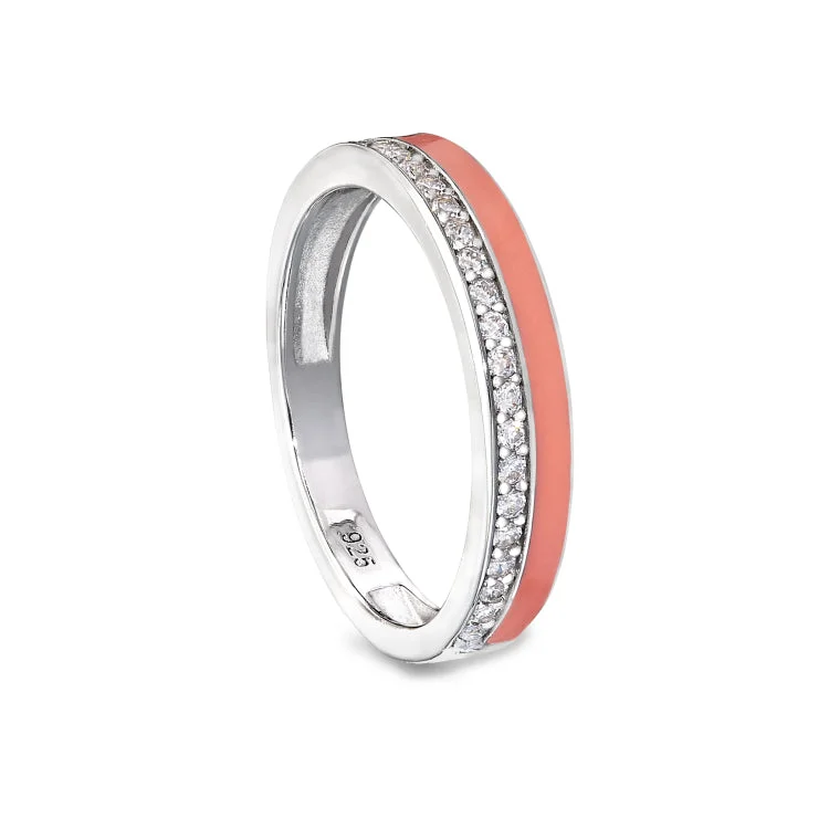 Ladies rings with butterfly designs -Platinum Finish Sterling Silver Micropave Ring with with Coral Enamel and Simulated Diamondss