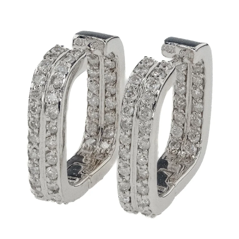 Ladies earrings paired sets -Diamond 1.00ctw Square Inside Out Hoop Earrings in 14K White Gold