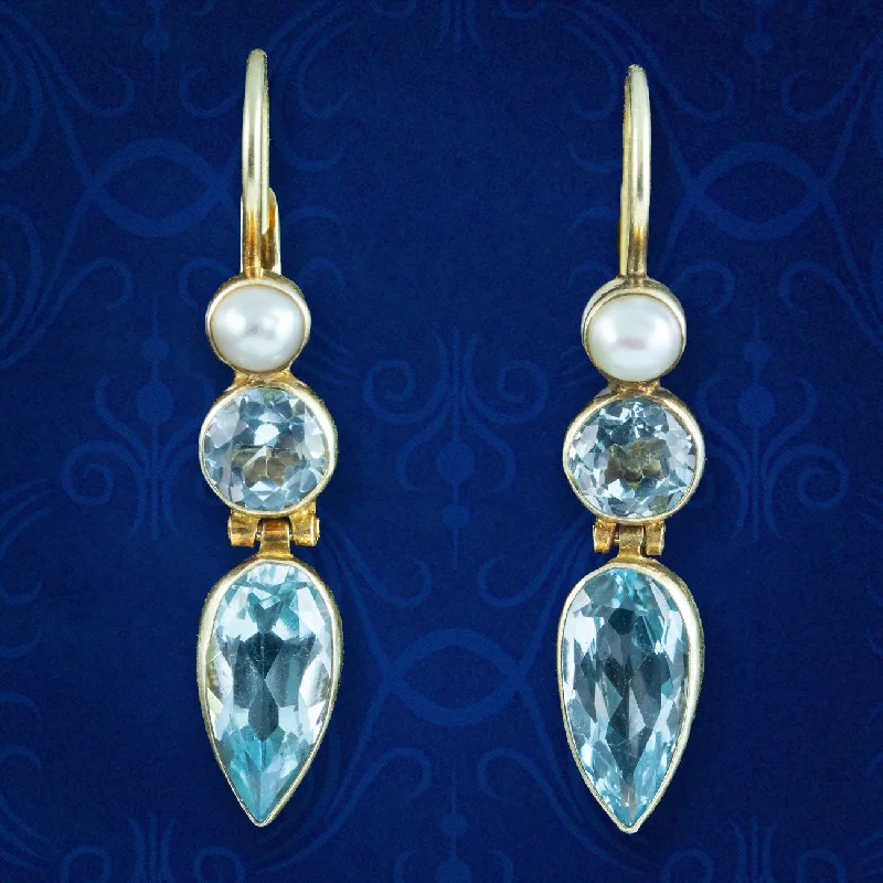 Ladies earrings chic elegance -Art Deco Style Blue Topaz Pearl Drop Earrings