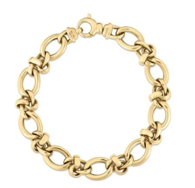 ladies-rose-gold-crystal-bracelets-Designer Gold Alternating Mixed Link Bracelet in 18K Yellow Gold, 8"