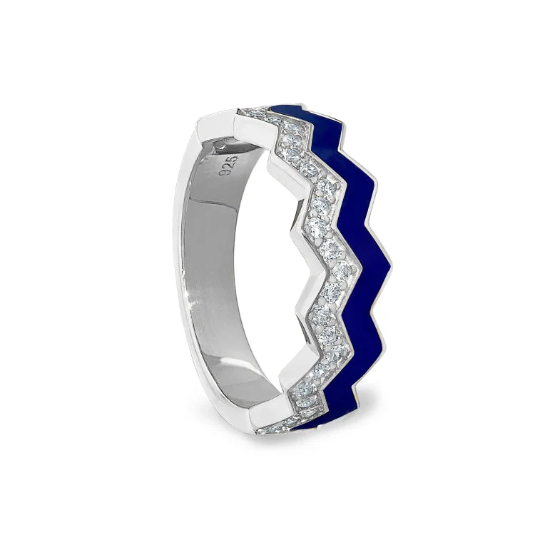 Ladies rings timeless charm -Platinum Finish Sterling Silver Micropave Ring with with Navy Enamel and Simulated Diamondss