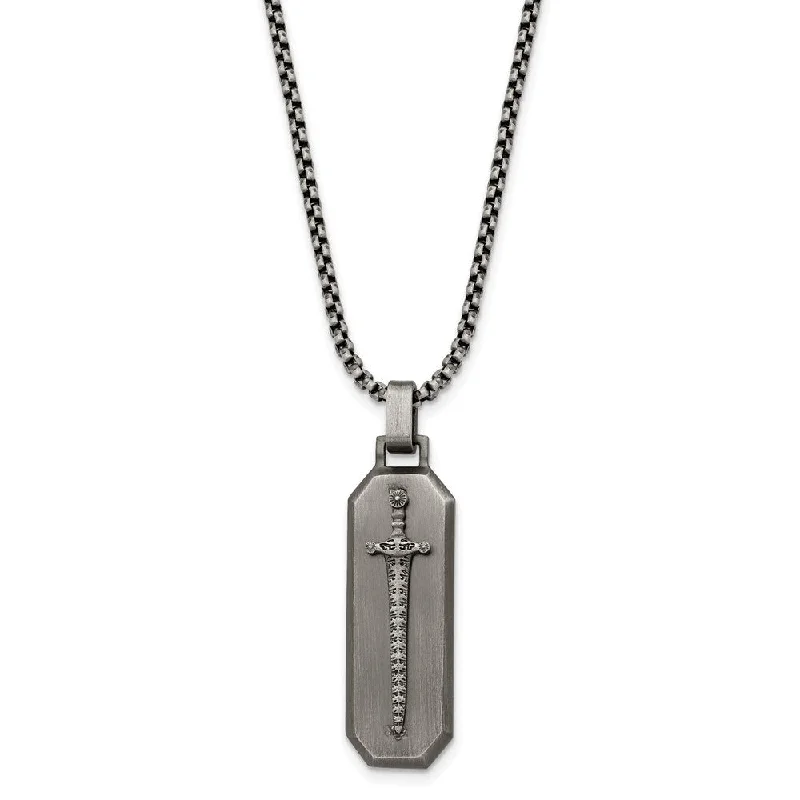 ladies-trendy-box-chain-necklaces-Stainless Steel Antiqued Brushed Mounted Sword Necklace, 24 Inch