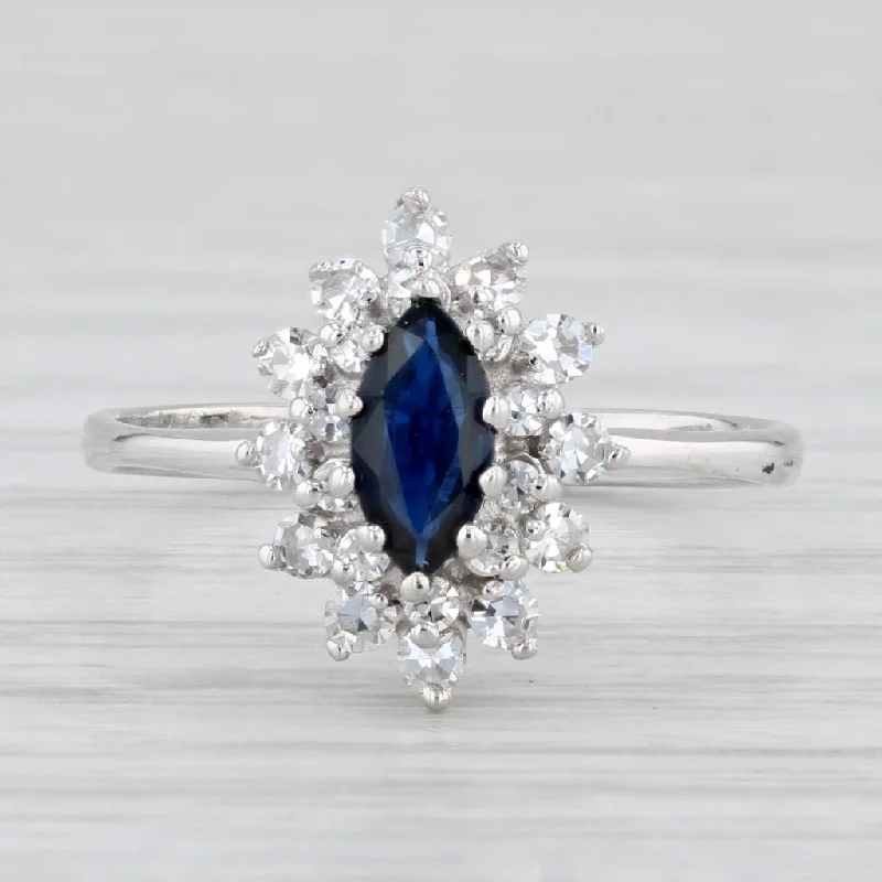 Ladies wedding rings muted shine -0.80ctw Marquise Blue Sapphire Diamond Halo Ring 14k Gold Size 6.5 Engagement