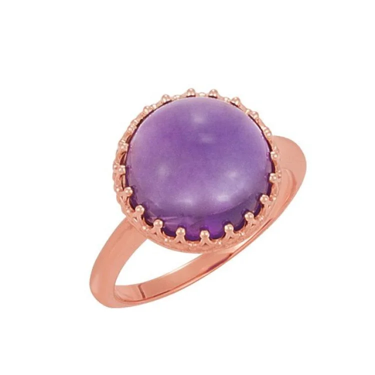 Ladies rings with spire elegance -14K Rose 12 mm Natural Amethyst Crown Cabochon Ring