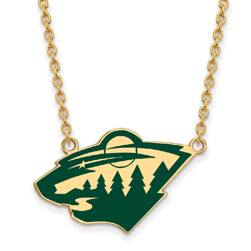 ladies-modern-bar-pendant-necklaces-SS 14k Yellow Gold Plated NHL Minnesota Wild LG Enamel Necklace, 18 In