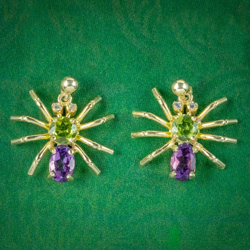 Ladies earrings cool elegance -Edwardian Suffragette Style Spider Stud Earrings Amethyst Peridot Diamond