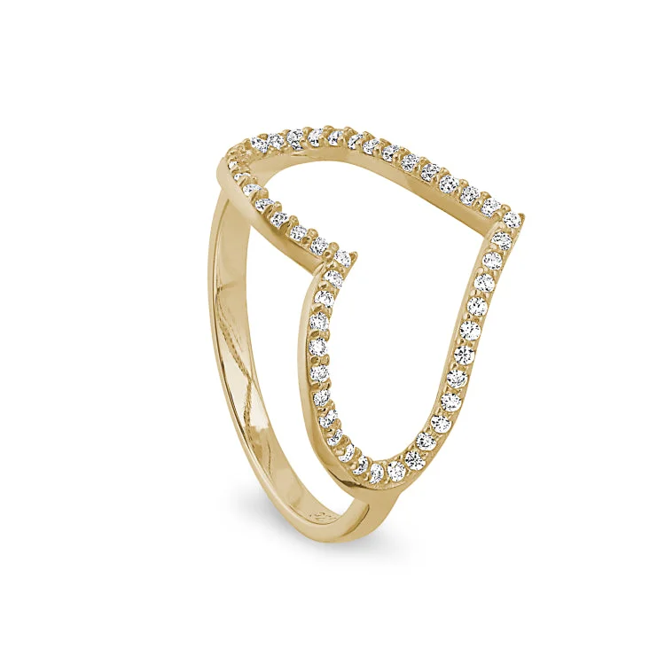 Ladies rings sleek elegance -Gold Finish Sterling Silver Micropave Open Heart Ring with Simulated Diamonds