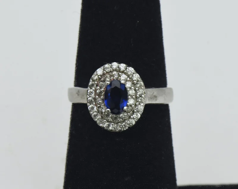 Ladies rings for show charm -Vintage Sterling Silver Imitation Sapphire Halo Ring - Size 5