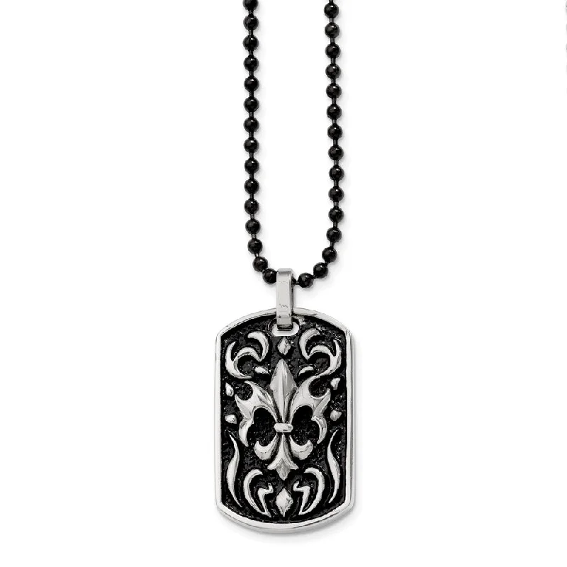 ladies-silver-pearl-necklaces-Stainless Steel Antiqued Fleur de lis Dog Tag Necklace - 24 Inch