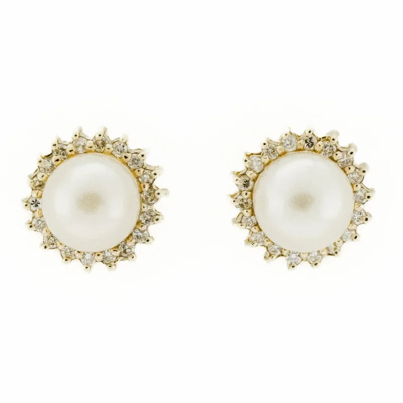 Ladies earrings for maker charm -7mm Pearl w/ Diamond Accents Stud Earrings in 14K Yellow Gold